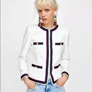 Zara Basic Blazer Jacket‎ XS White Navy Pink Ribbon Trim Career Business